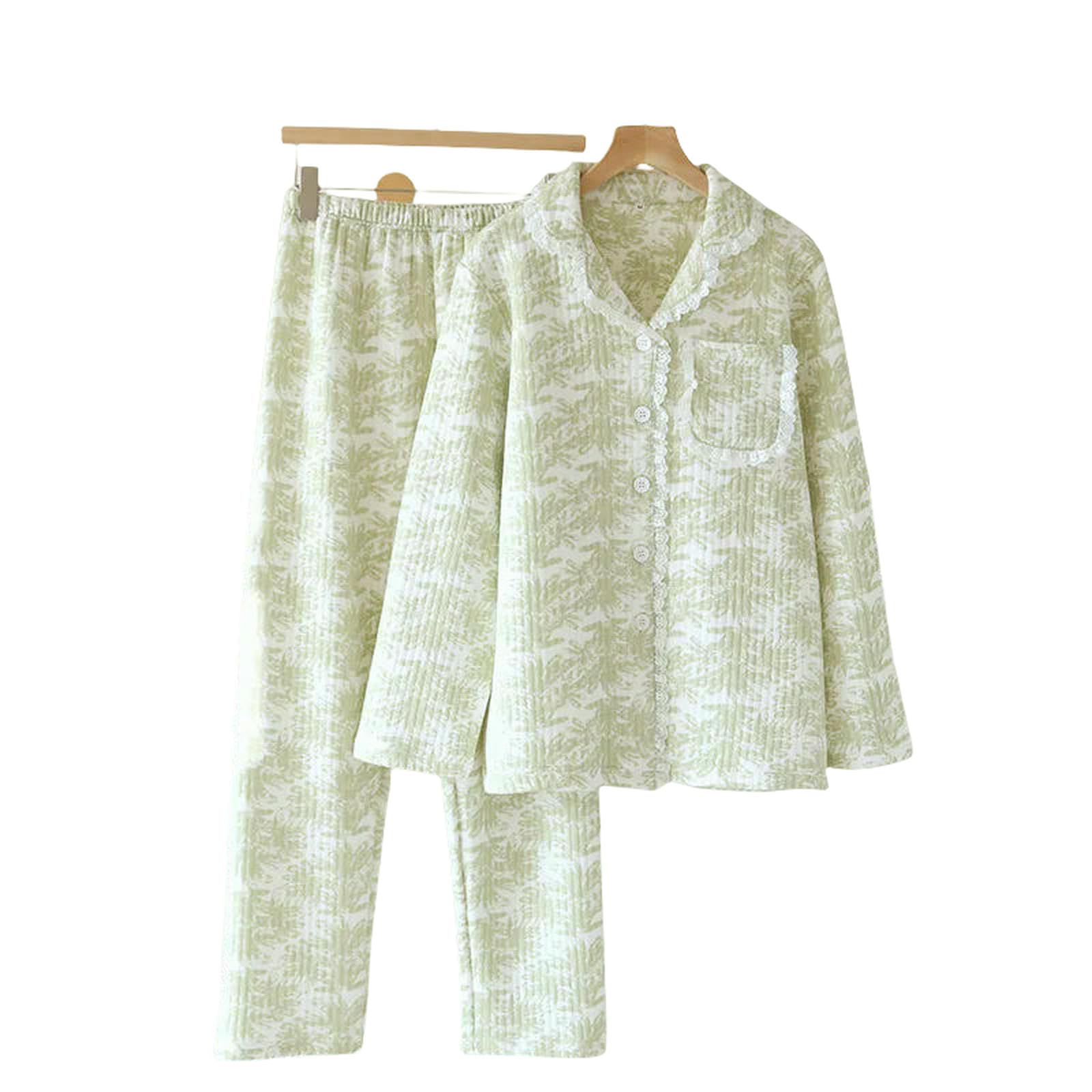 Pigiama Set di Pigiami Fresco Invernali Dolci Inverno Le Donne Mantengono Caldi Pizzo Verde Abbigliamento A Maniche Lunghe Trapunte -Verde Erba-XL 65-72kg