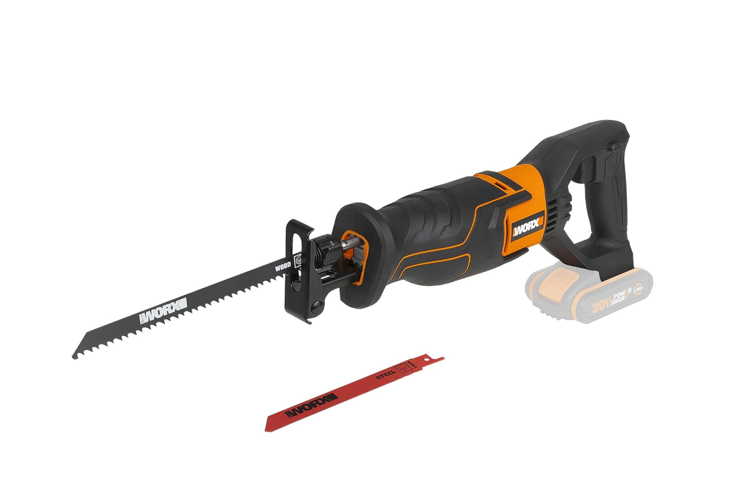 WORX Scie sabre sans fil 20V WX500.9, Compacte et Légère, Coupe le Bois, l'Acier et le PVC jusqu'à 190mm, Vitesse Variable, Anti-Vibration, livrée avec lames bois et acier, sans Batterie ni Chargeur
