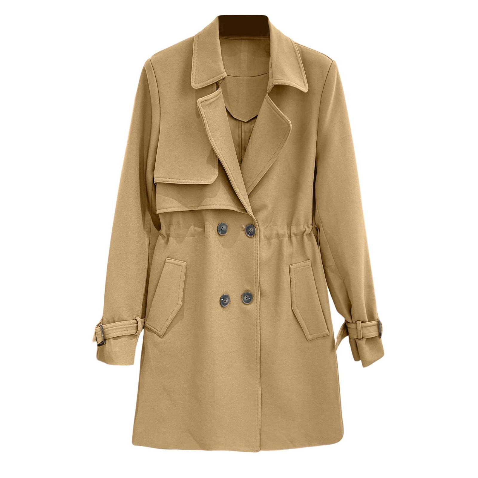 Trench confortable à revers cintré manteau léger à double boutonnage mi-long manteau mince mi-long veste softshell femme coupe droite, kaki, S