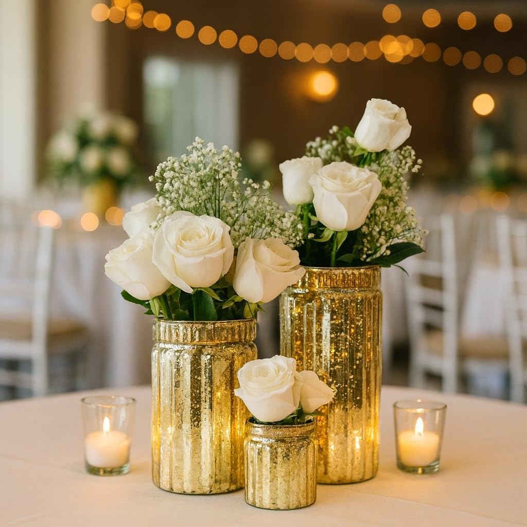 Koyal Wholesale Gold Mercury Glass Vases for Centerpieces, Set of 3 Decorative Flower Vases, Ribbed Vintage Candle Holder Style, Wedding & Home Table Décor
