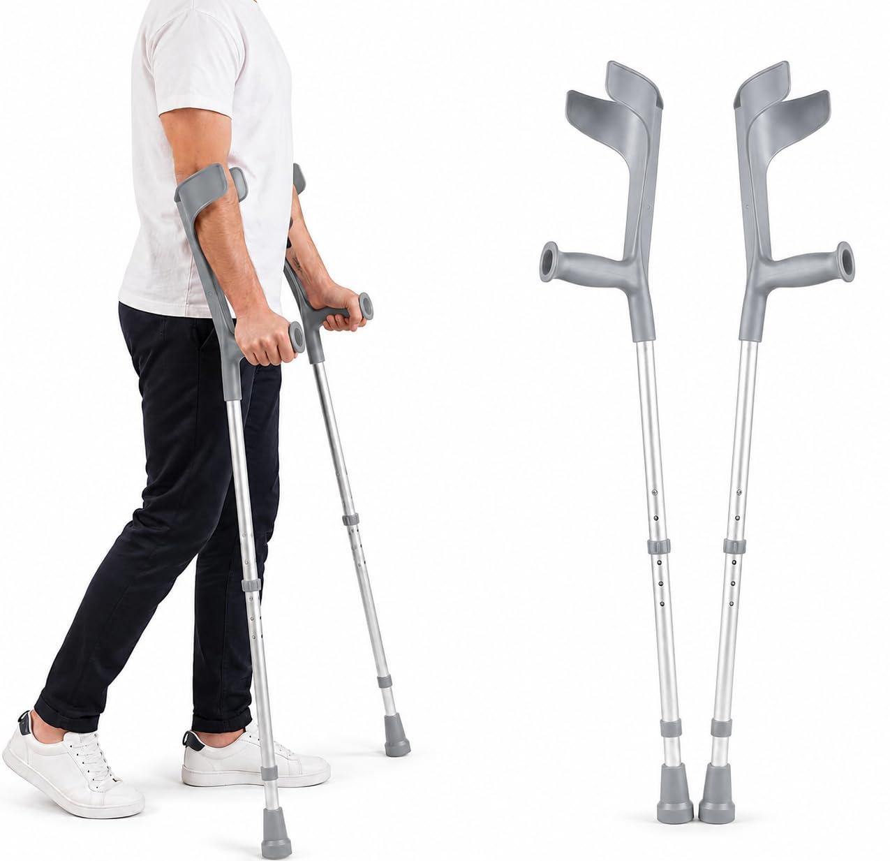 Par de Muletas Adulto Ortopédicas. Muletas Regulables en Altura hasta 7 Posiciones. Muletas Adulto Mujer como Muletas Adulto Hombre. Muleta De Aluminio. Muletas con Contera Antideslizante. Color Gris