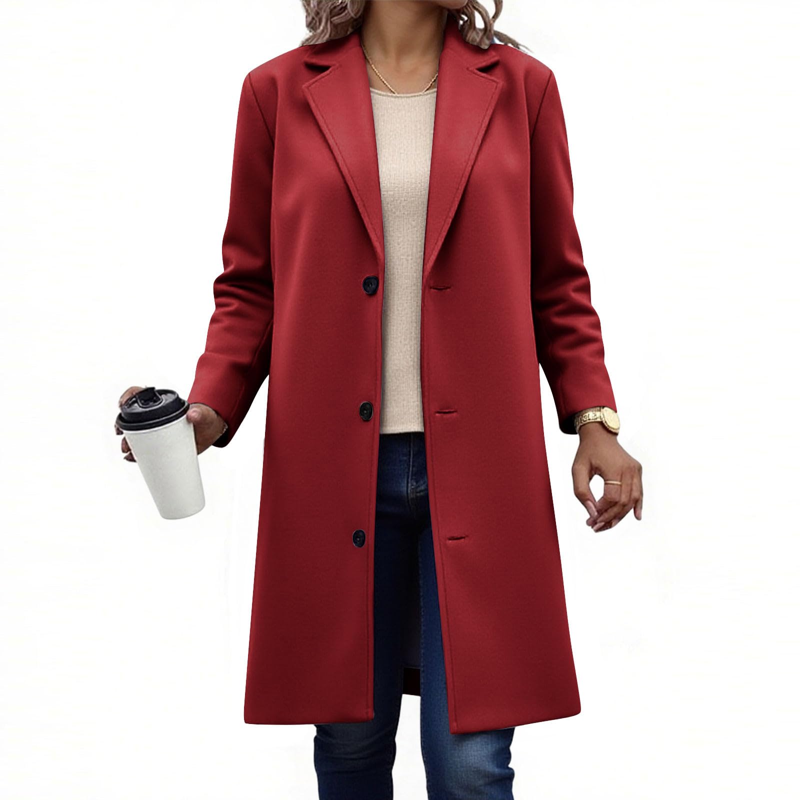 Womens Winter Wool Trench Coat Notch Lapel Single-Breasted Pea Coats Casual Mid Long Fall Jacket with Pockets