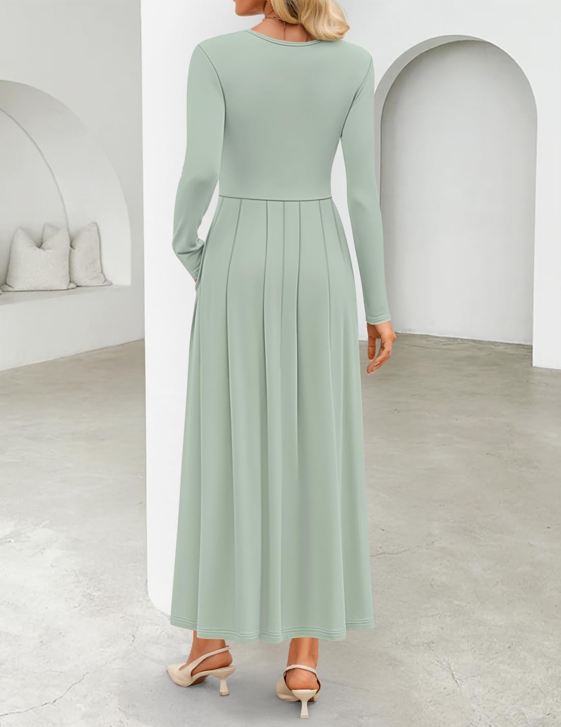 ZESICA Women's Elegant Long Sleeve Maxi Dress 2026 Spring Crewneck Knit High Waist Pleated Flowy A Line Casual Party Dresses - Image 4