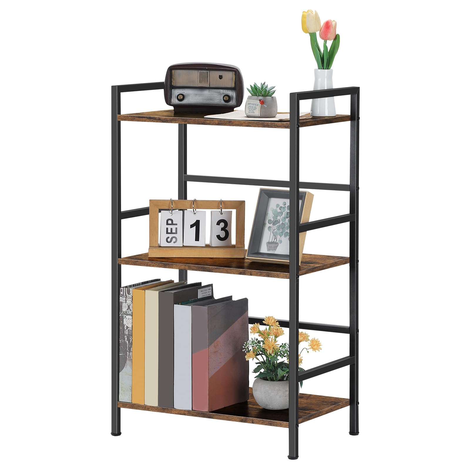 CADUKE 3 Tier Bookshelf, Industrial Style Storage Shelf, Free Standing Bookcase, Open Display Rack for Office, Living Room, Bedroom, Wood and Metal (Rustic Brown)
