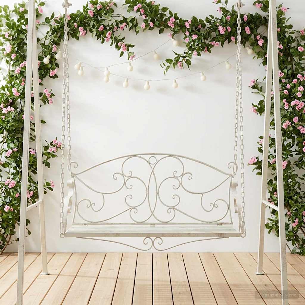 Banco balancín de acero resistente, 110 x 52,5 x 47 cm, color blanco envejecido, para jardín, terraza, balcón, porche, asiento resistente a la intemperie, con cómodo acolchado y fácil montaje