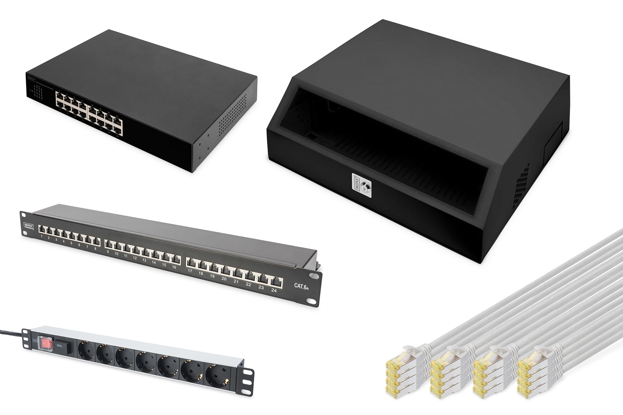 DIGITUS Set: Netzwerkschrank Schwarz – 3HE + 4HE – Wandmontage – Traglast: 50 kg – SOHO Serie – Mit Steckdosenleiste, Patchpanel, 16-Port Netzwerk-Switch & 16x Cat-6A Netzwerkkabel