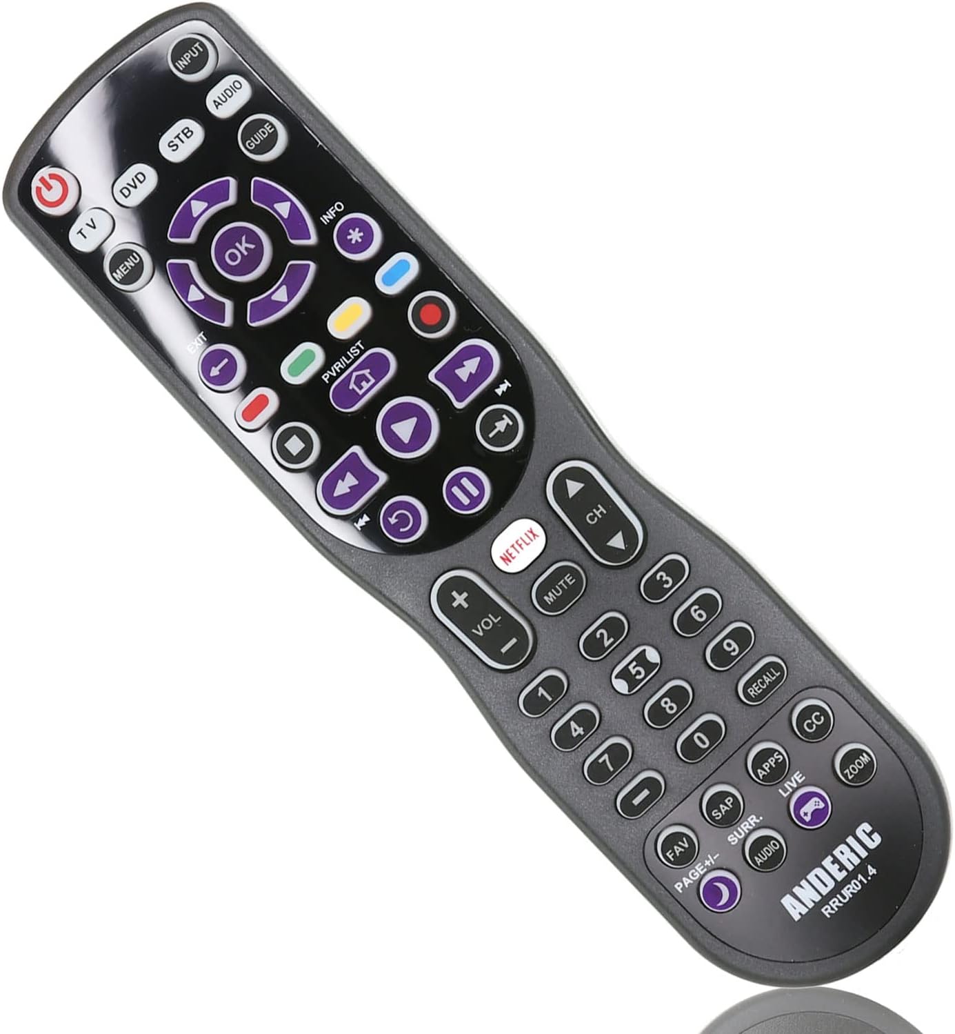Anderic Universal fit for Roku 4-Device Remote Control with Macro, Learning, & Backlighting for All TVs Including Roku TVs/HDTVs/Smart TVs/Blu-Ray Players/Audio/Sound Bars - RRUR01.3