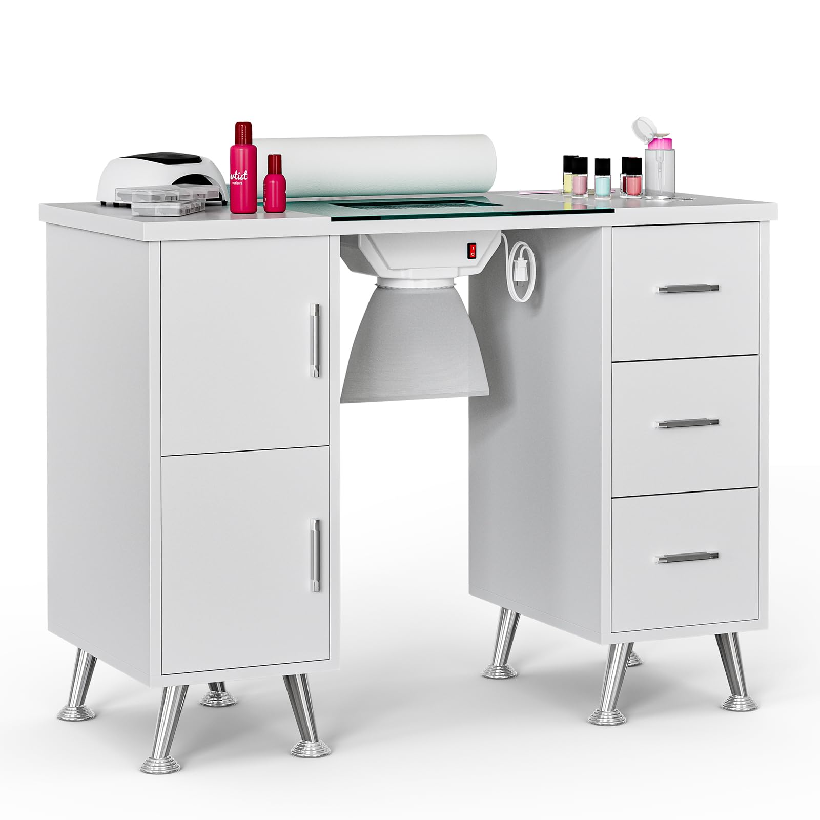 Manicure Table Nail Station with Glass Top & Wrist Rest, Beauty Salon Nail Desk for Nail Tech, Nail Supplies Decor Workstation Acetone Resistant with Electric Downdraft Vent & 3 Drawers (White)