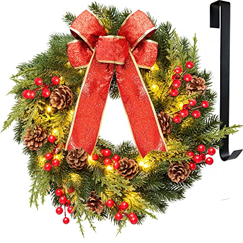 Kurala Christmas Wreath 16 Inches, with Metal Hanger, Pre-Lit Artificial Christmas Front Door Wreath Battery Operated with 40 LED Lights Christmas Decorations Kurala Christmas Wreath 16 Inches, with Metal Hanger, Pre-Lit Artificial Christmas Front Door Wreath Battery Operated with 40 LED Lights Christmas Decorations