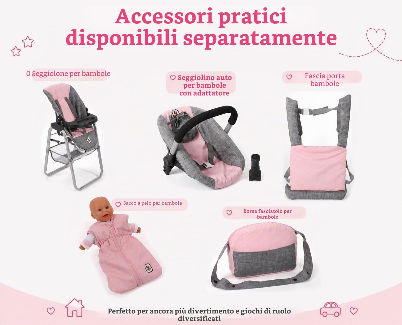 Bayer Chic 2000 - Passeggino per bambole Mika, 2 in 1 per bambini dai 4 agli 8 anni, grigio melange rosa, 73 x 41 x 82 cm