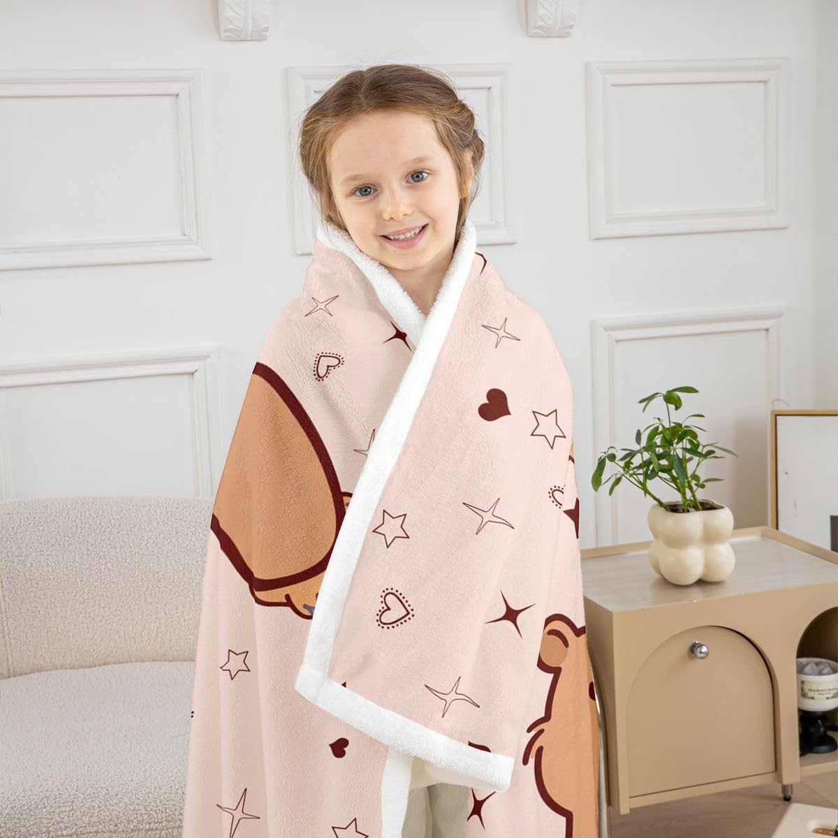 Loussiesd Zabawny koc z kapibarami kreskówka kapibara miękki polar szerpa przytulny puszysty pluszowy ciepły inicjał F puszysty pluszowy koc kawaii zwierzęta podwójne 152 x 180 cm na łóżko kanapę