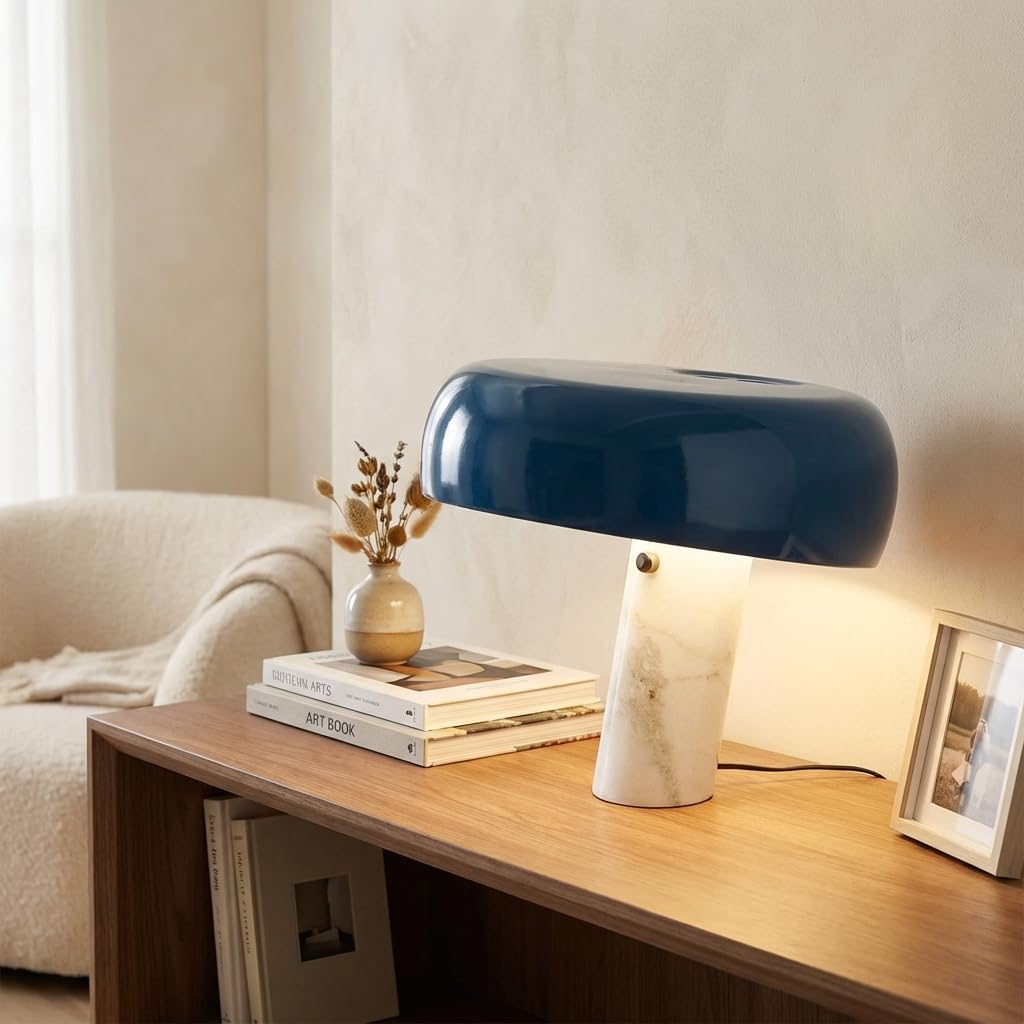 BARCELONA LED Lámpara de Mesa Moderna Azul con Base de Mármol Blanco, Diseño Clásico y Lujoso para Escritorio, Mesita de Noche o Sala, Estilo Retro y Elegante Pequeña Luz Directa E27, 40cm