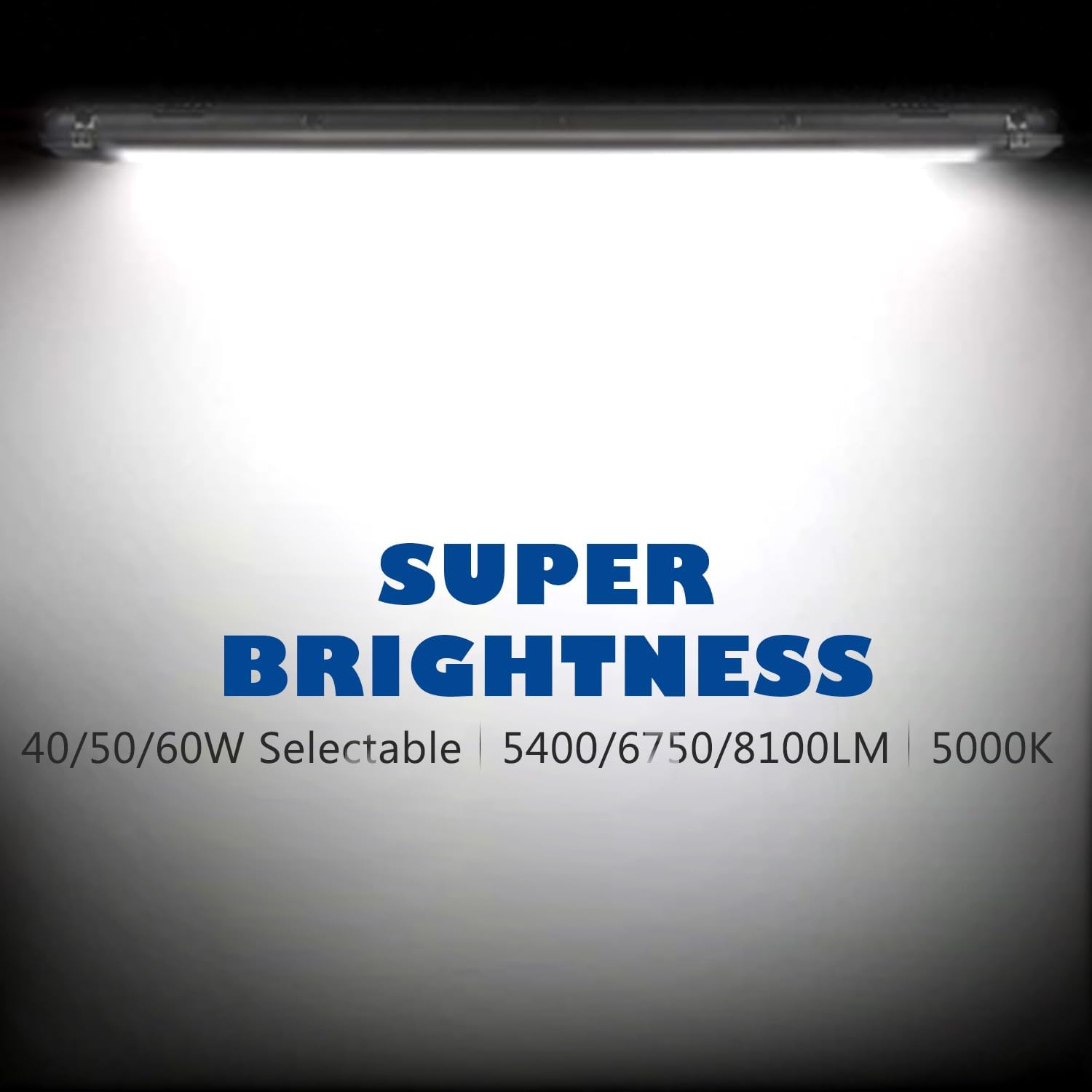 BRILLIHOOD 4FT LED Vapor Proof Light Fixture, 60W/50W/40W Selectable, 8100LM, 5000K, 100-277V, IP65 Waterproof Shop Light, Indoor Outdoor Vapor Tight Lighting for Garage Car Wash, UL Listed, 1-Pack