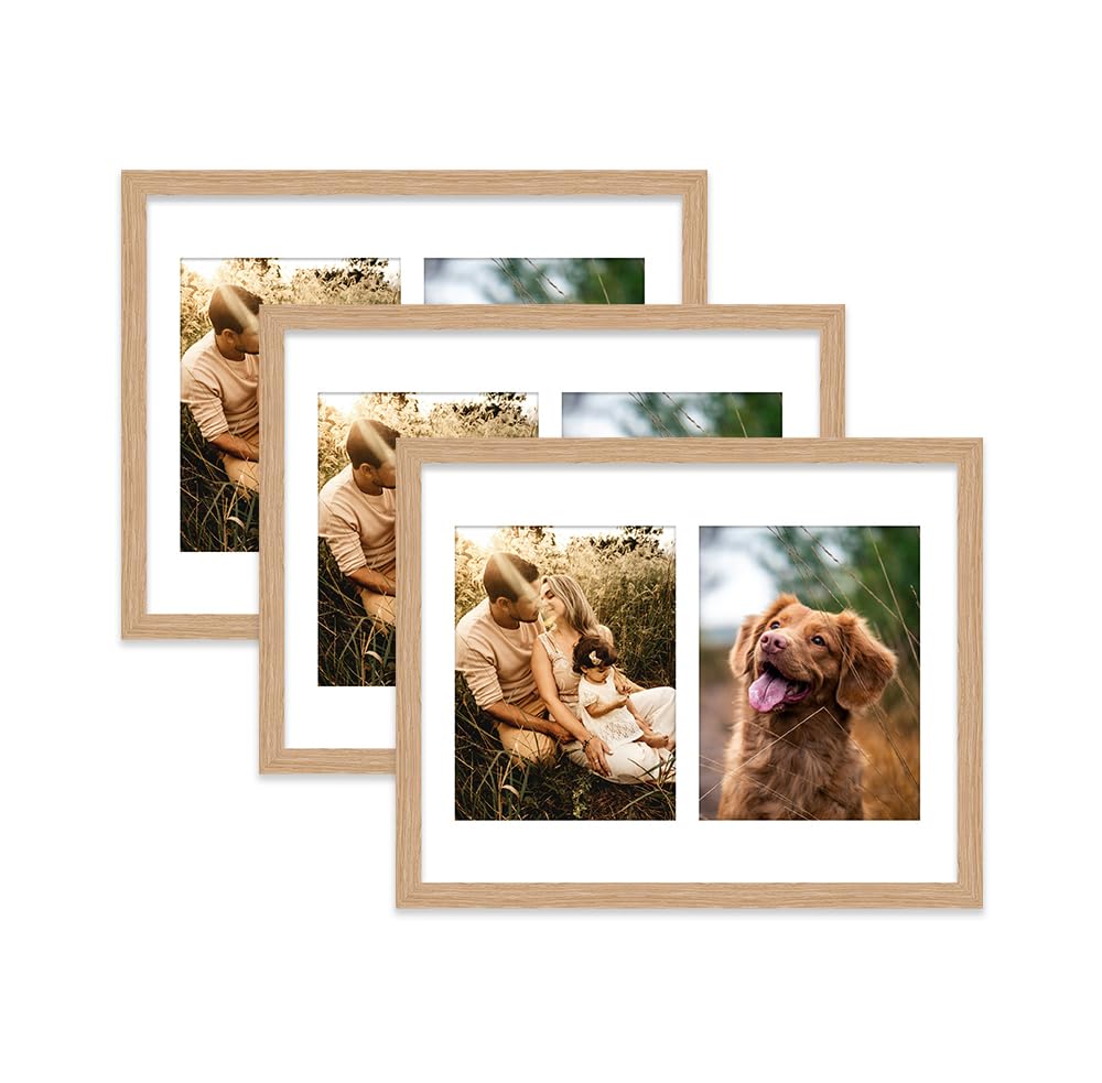 Oak Multi Photo Frame - Holds 2 x 8x6 Pictures, Family Collage Picture Frame for Wall Display, 14x11 Frame size, Set of 3