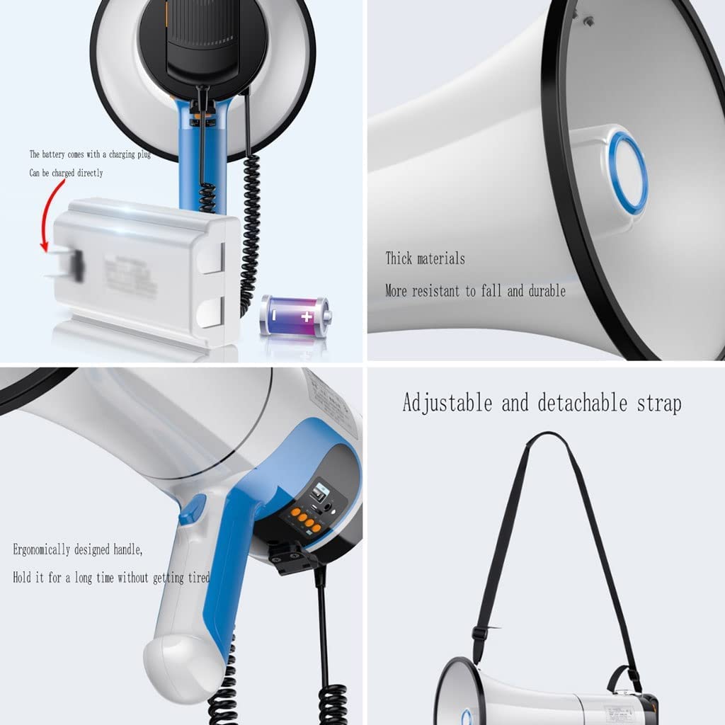 Mégaphone Portable à Sangle Portable Bullhorn 80 W avec contrôle du Volume réglable Mégaphone Portable Sirène intégrée, Haut-Parleur USB Bullhorn léger