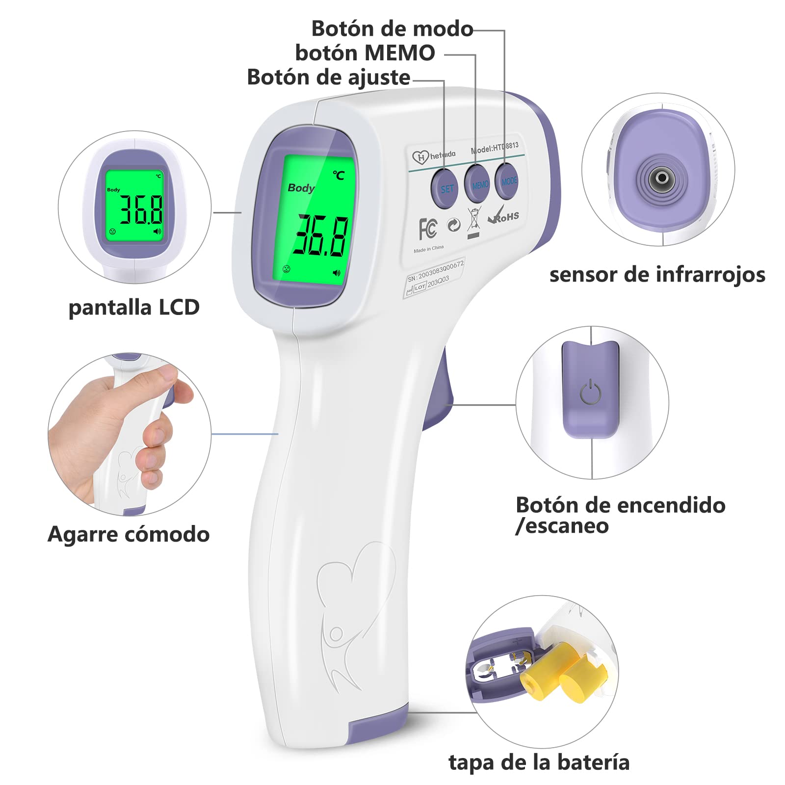 Termometro Digital Frente Adultos, Termometro Bebe Infrarrojos Sin Contacto, Termómetro Digital Con Alarma de Fiebre, 50 Lecturas Memoria, Modo Mudo, ℃ y ℉ Conmutable, Morado