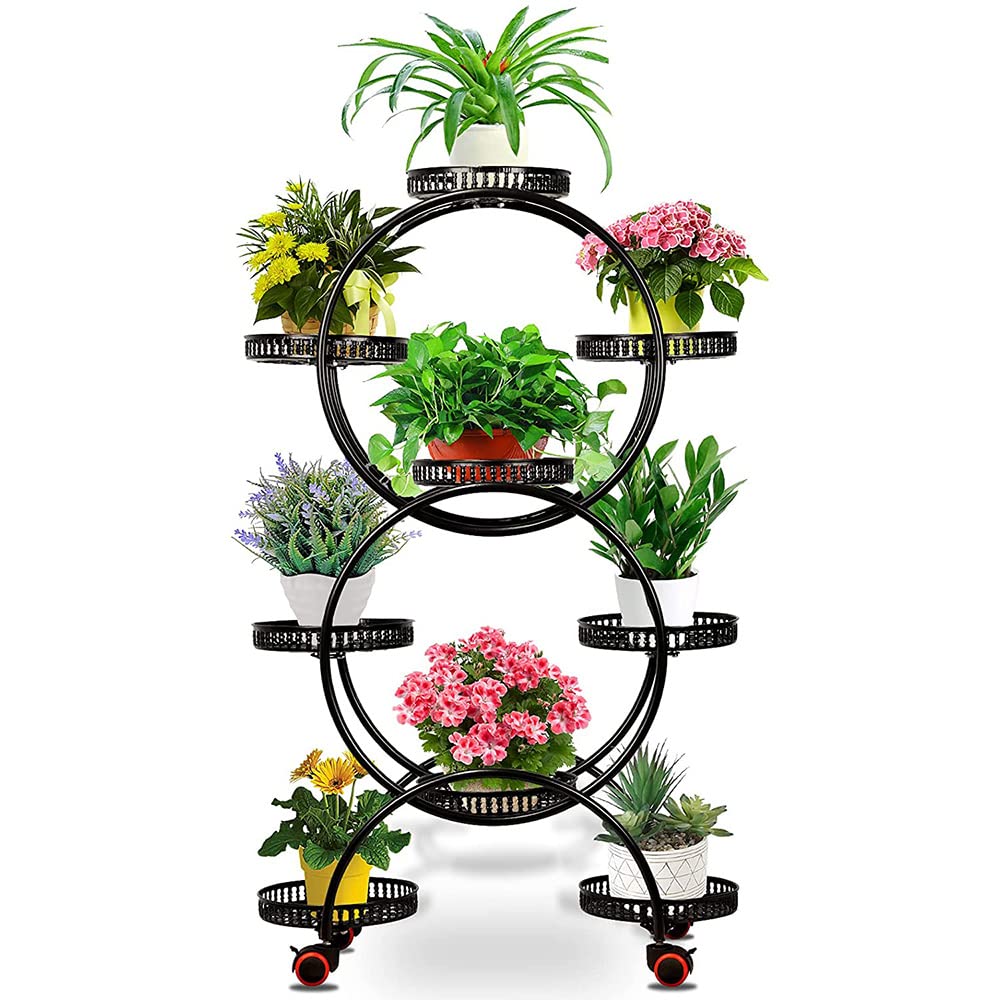 Kx9Lb8d Flower Display Stand 6 Tier 9 Pot Metal Plant Stand Garden Flower Shelves Outdoor Indoor Wrought Iron Tray Rack Black for Planters