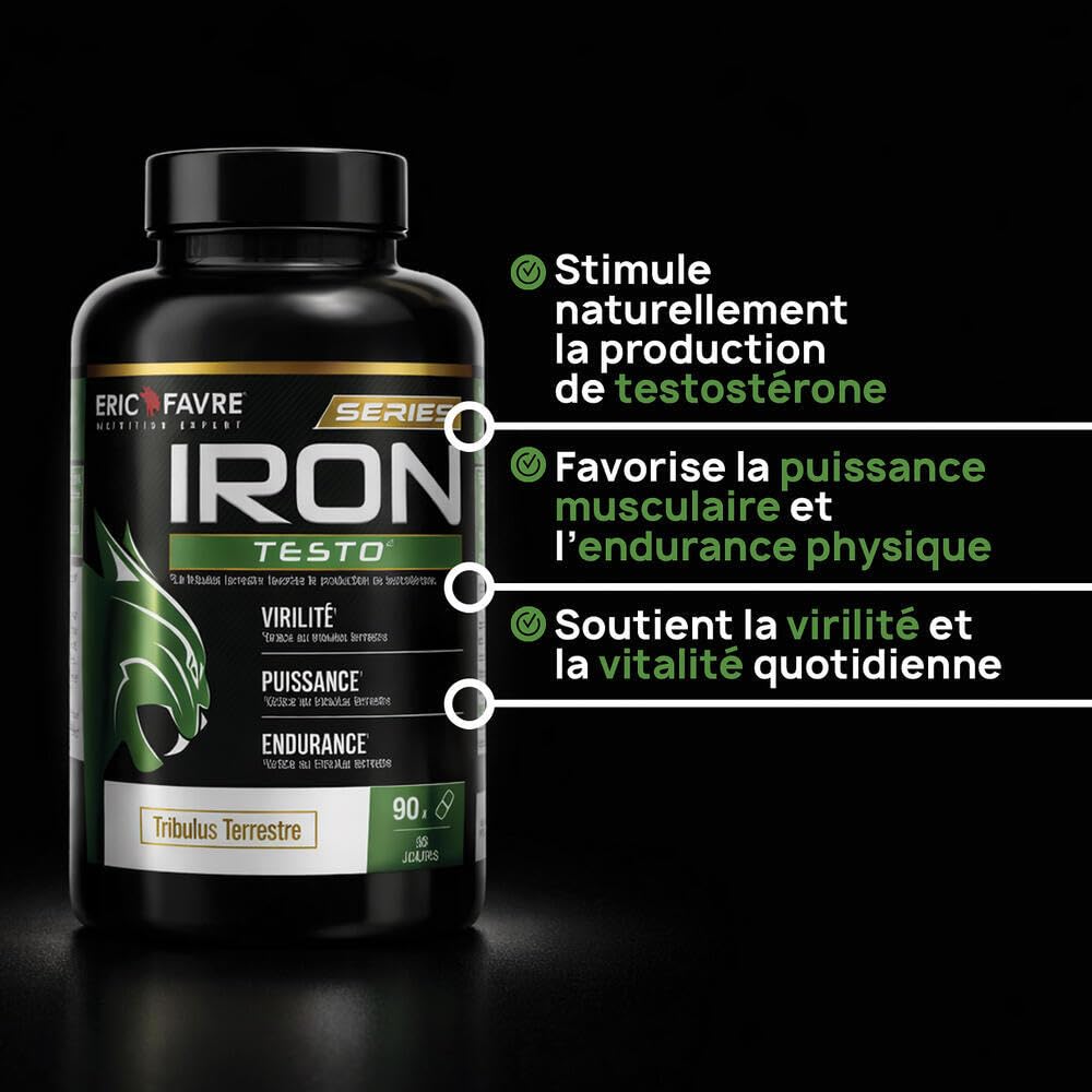 IRON TESTO - Booster de Testostérone - Virilité, Puissance, Endurance - Formule Complète avec Tribulus Terrestre, Maca et Ginseng - Sans Nano-Particules - 90 Gélules - Eric Favre