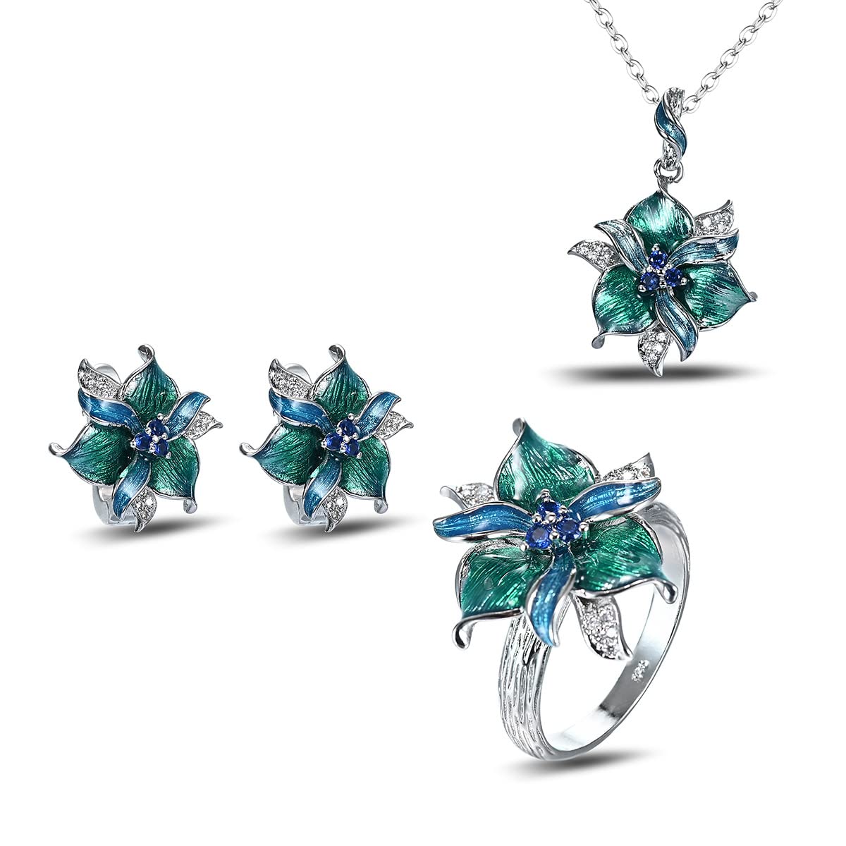 JESMING925 Sterling Silver Plated Green Leaves Flower Bridal Jewelry Colorful Enamel Jewelry Set CZ Simulated Diamond Sapphire Party Jewelry Set for Women