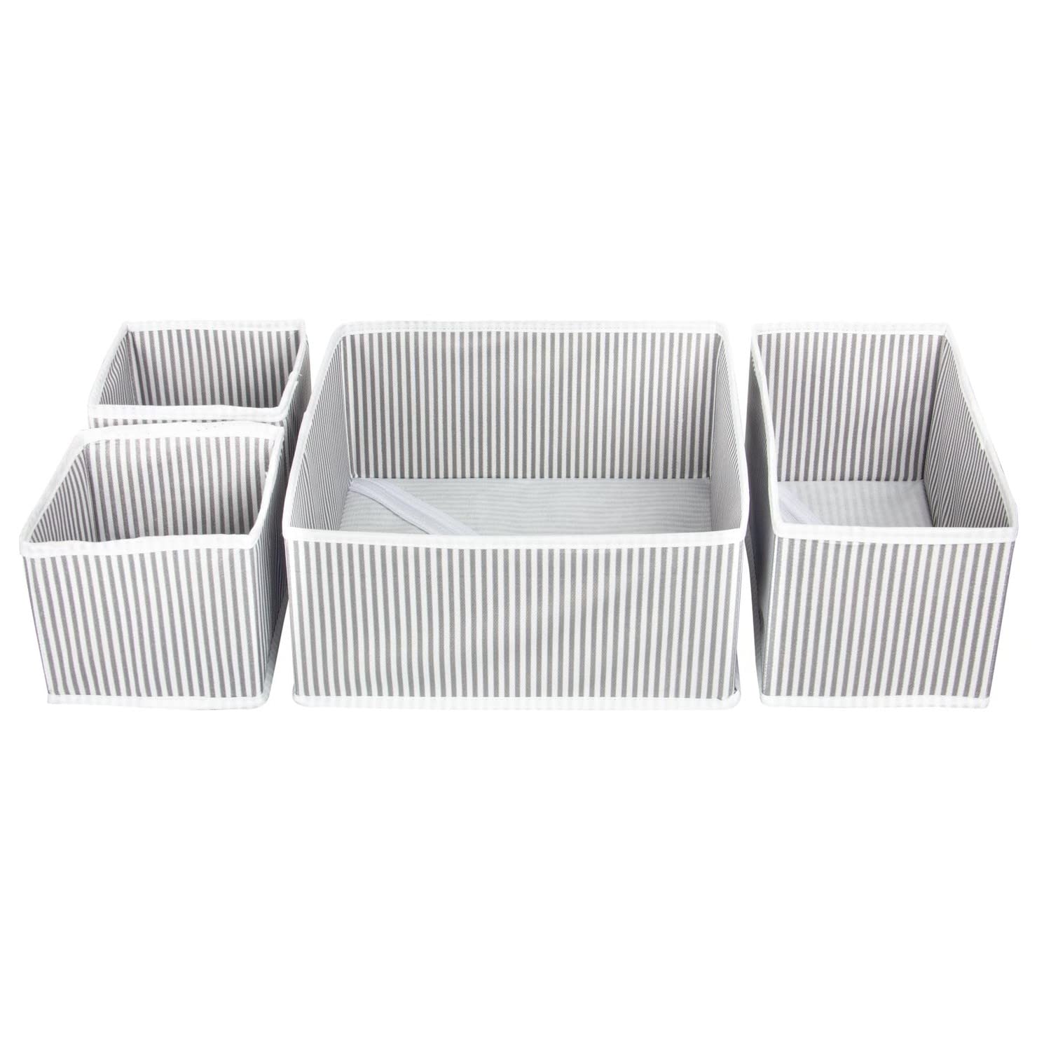 Pazar Kaps 4 Pack Fabric Drawer Organizers, Striped Rectangular CADDY, Grey-White, 4 Compartments, Foldable, Insert Mount