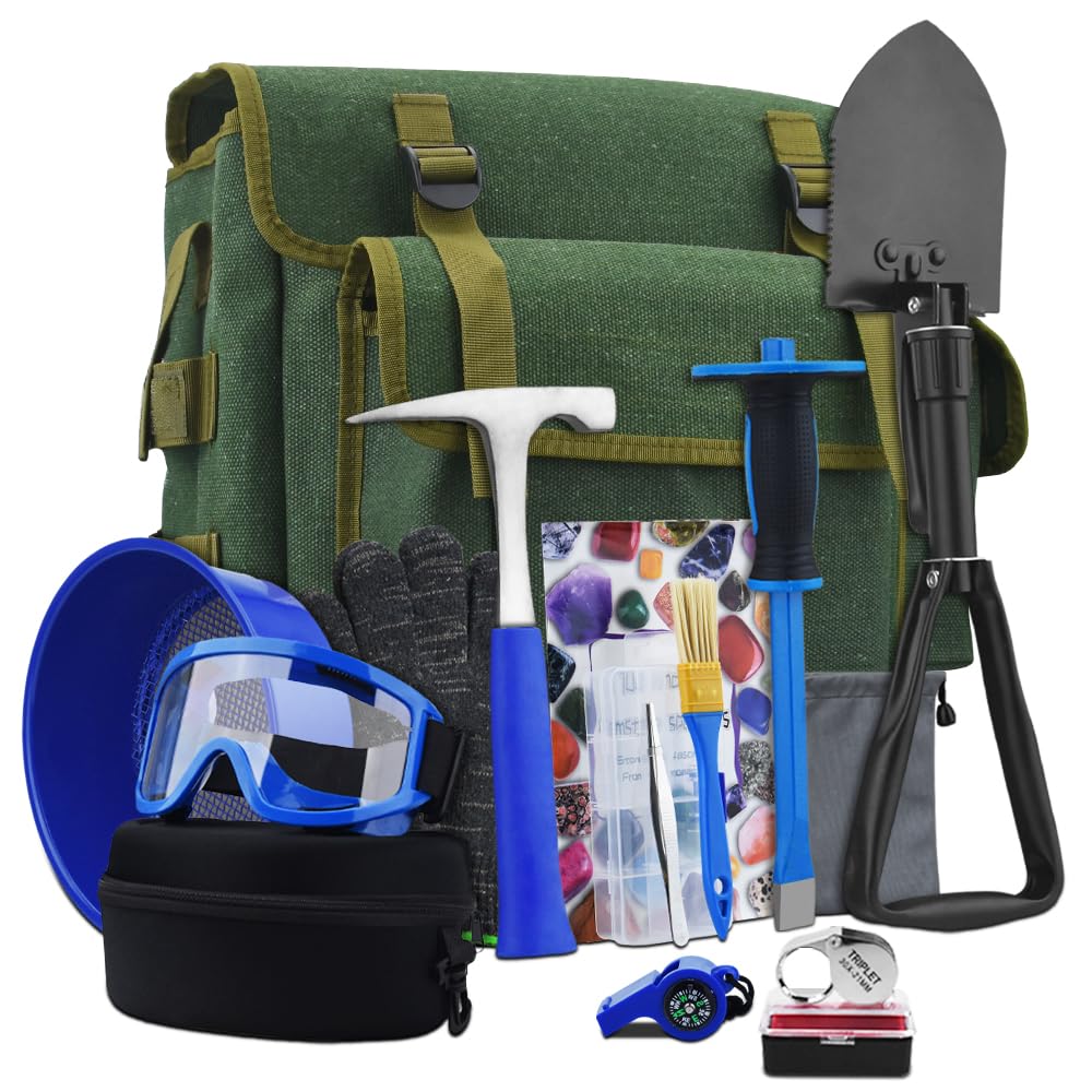 15 PCS Geology Rock Pick Hammer Kit, 22oz Hammer & Digging Chisels for Rock Hounding, Gold Mining & Prospecting Equipment Tool Shovel,Backpack,Magnifying Glass, Goggles,Whistle，Soil sieve (VO2)