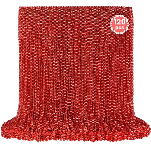 YAXINRUI 120 PCS Red Bead Necklaces Red Mardi Gras Beads Christmas Necklace Valentine Necklaces 33 Inch Round Beaded Necklace for Mardi Gras Christmas Valentine Festive Events Party Favors