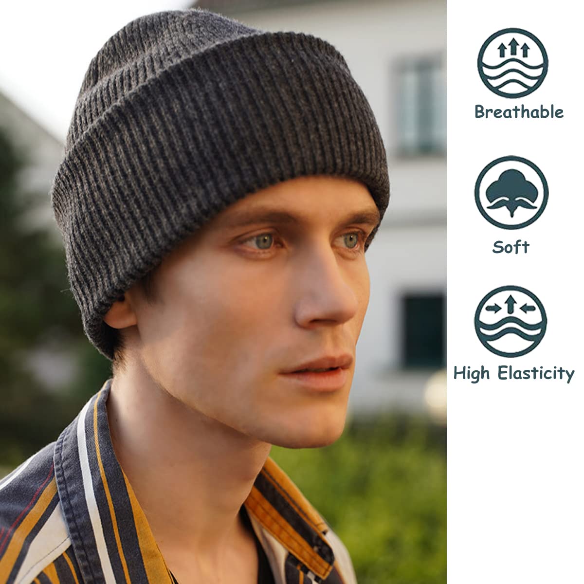 Gorro de Punto Clásico para Hombres y Mujeres, Sombrero de Punto de Lana 100% Suave Unisex, Gorros de Calavera Gorra de Invierno Cálido Beanie Deportivo para Exterior Correr Esquiar Dark Gray