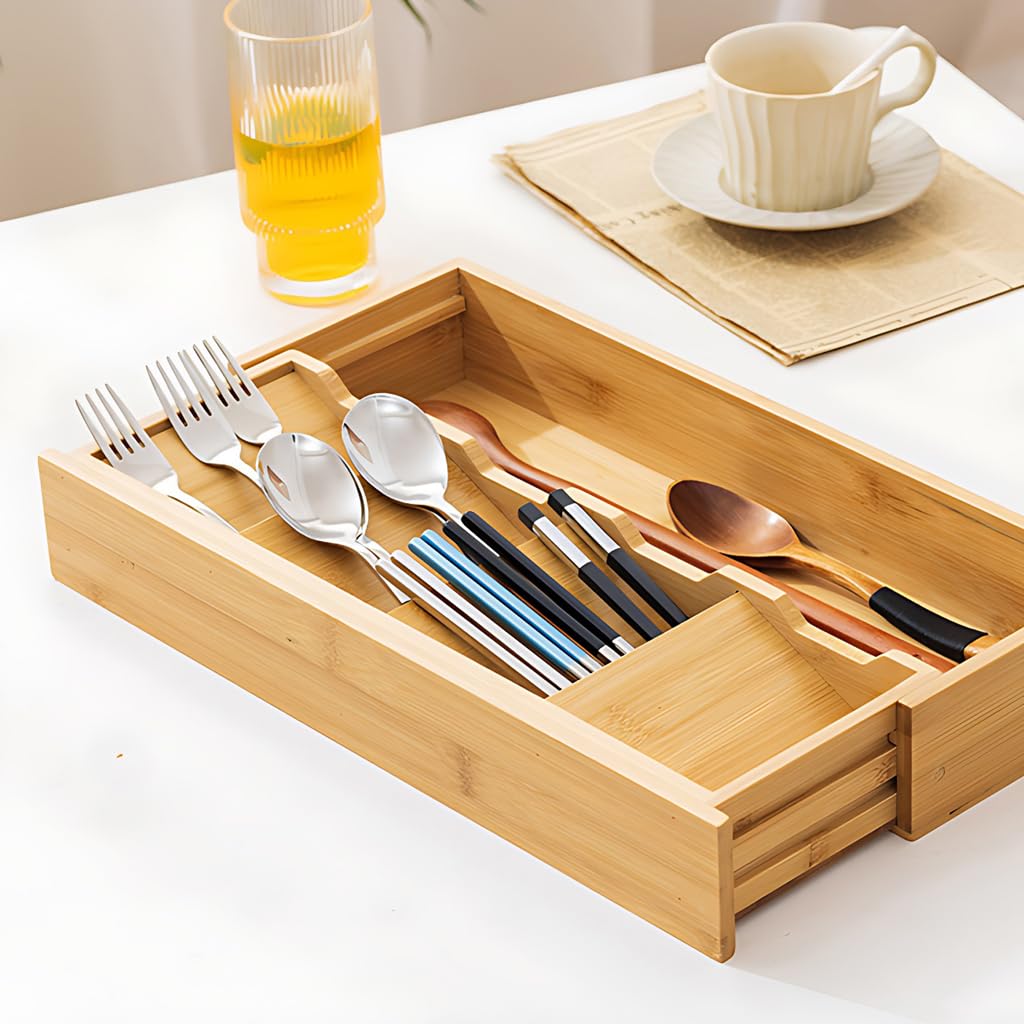 Erweiterbarer Schubladen-Organizer aus Bambus für Küchenutensilien, Besteckkasten, Aufbewahrungslösung aus Holz, 40 cm, Küchenschubladen-Trennwand, umweltfreundliches Küchenzubehör