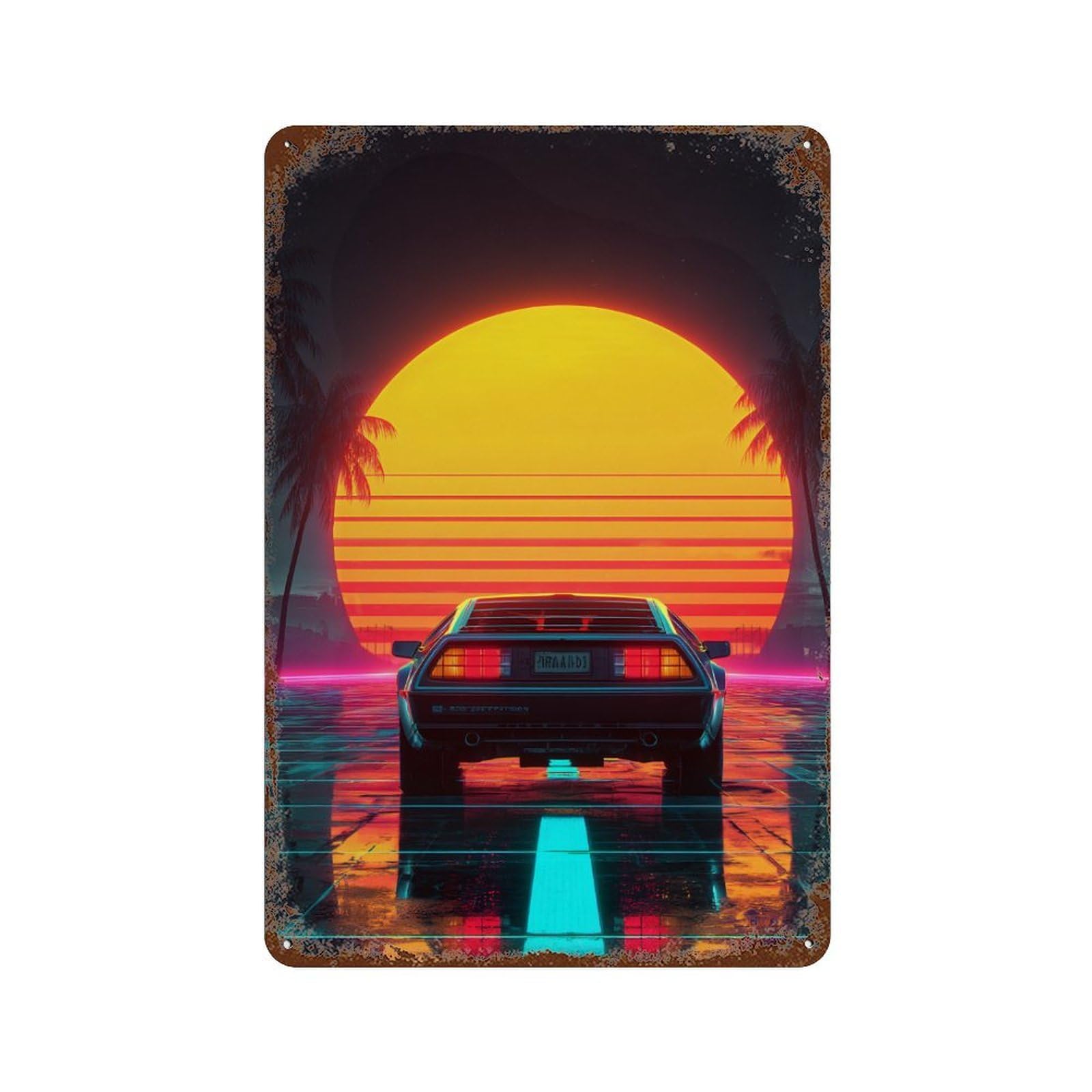 Neon Sunset Car Scene Weathered Tin Sign 11.8"x7.9", Rustic Home Decor for Garage, Bar And Workshop Decor