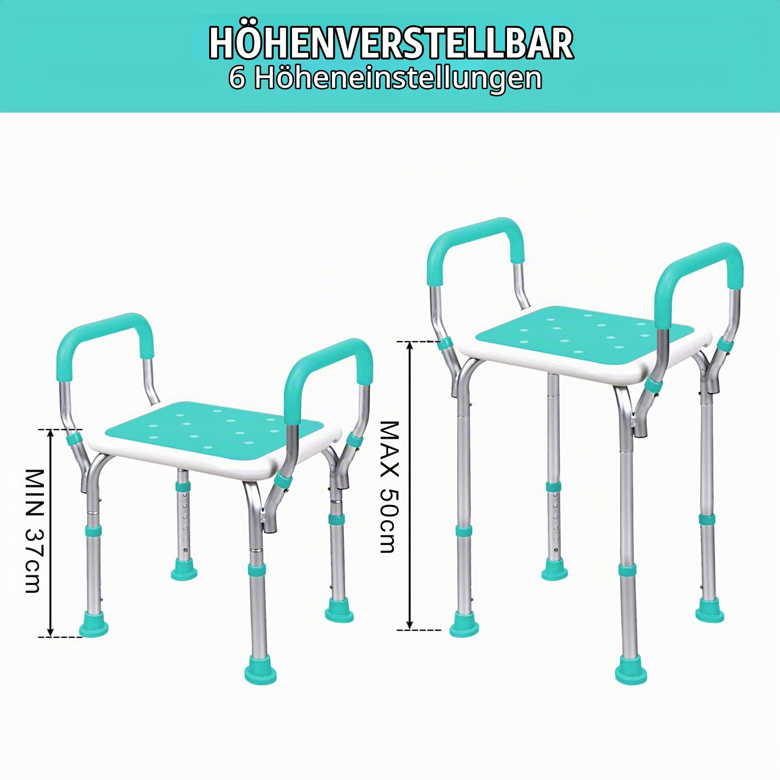 Duschhocker HöHenverstellbar, Verstellbarer Duschstuhl mit Armlehne, maximale Belastung 150 kg Rutschfester Badestuhl für Behinderte und Senioren