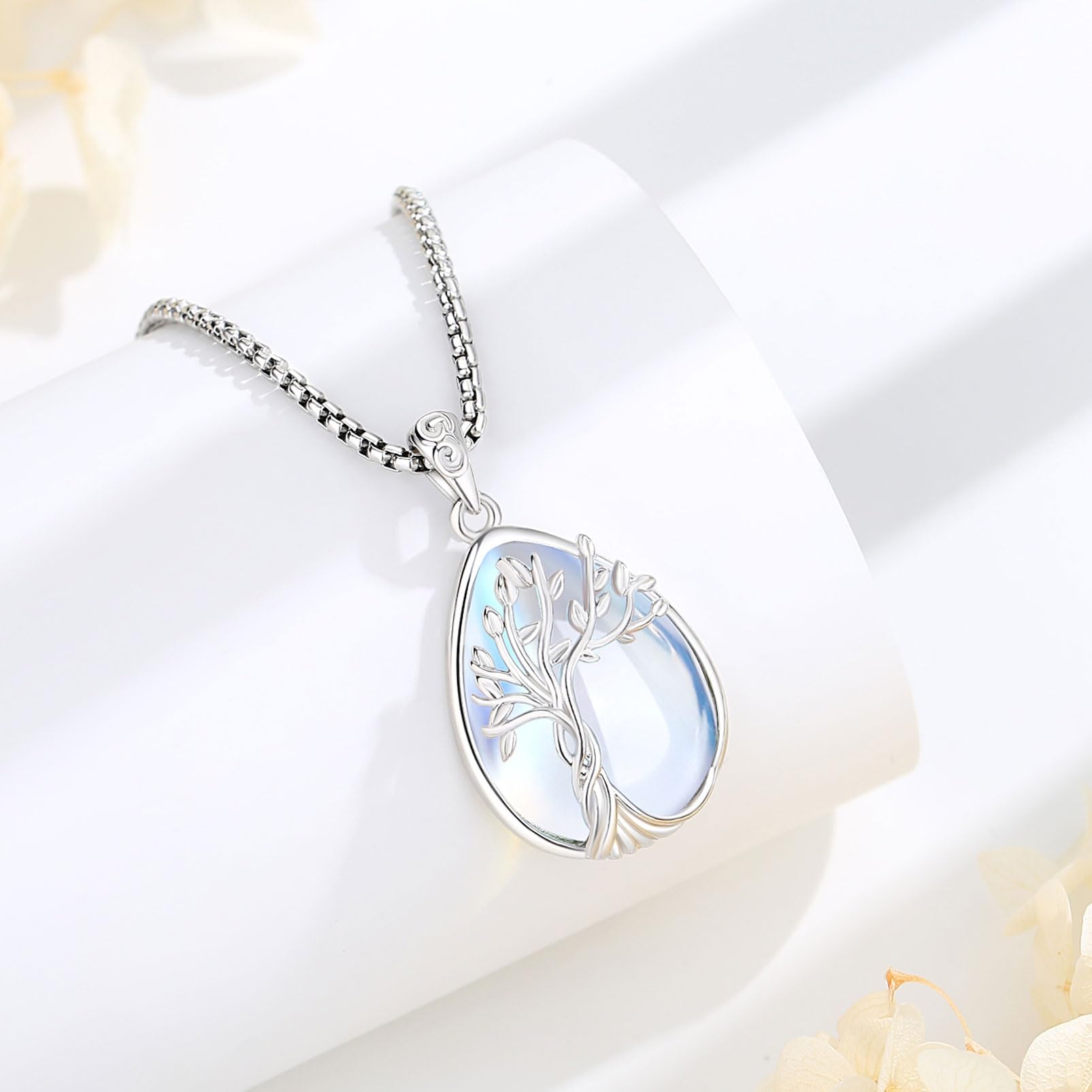 Collana con Pietra di Luna Turchese per Donne, Albero della Vita/Garofano/Farfalla Regalo di Gioielli per la Festa Della Mamma per la Mamma, 22"