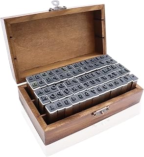 OJYUDD 70Pcs Wooden Rubber Alphabet Letter Number Stamps - Upper & Lower Case, Numbers, Symbols for DIY Crafts, Scrapbooking, Kids Learning in Vintage Box