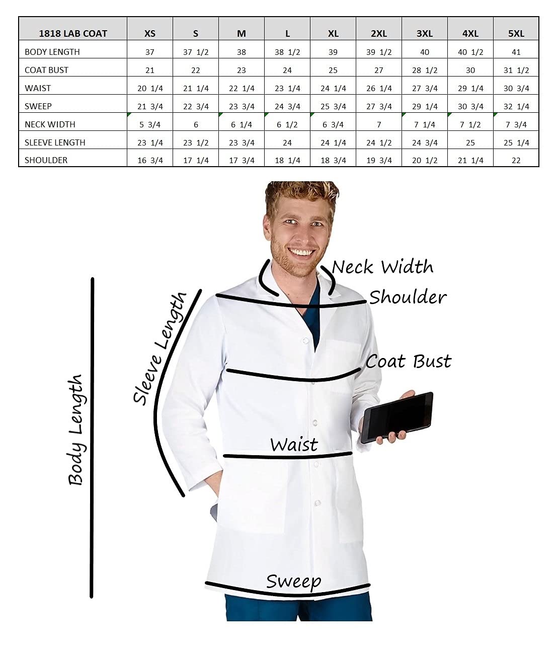 Natural Uniformes para Hombre iPad Lab coat-38 Longitud - Blanco -