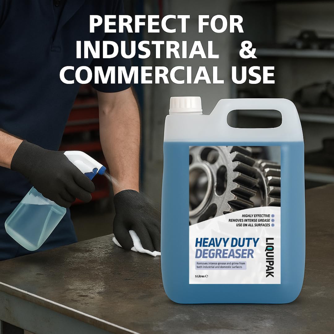 Liquipak Heavy Duty Degreaser & Cleaner 2x5L – Professional multisurface degreaser removes grease & grime, suitable for floors, walls, machinery, tools & industrial equipment.