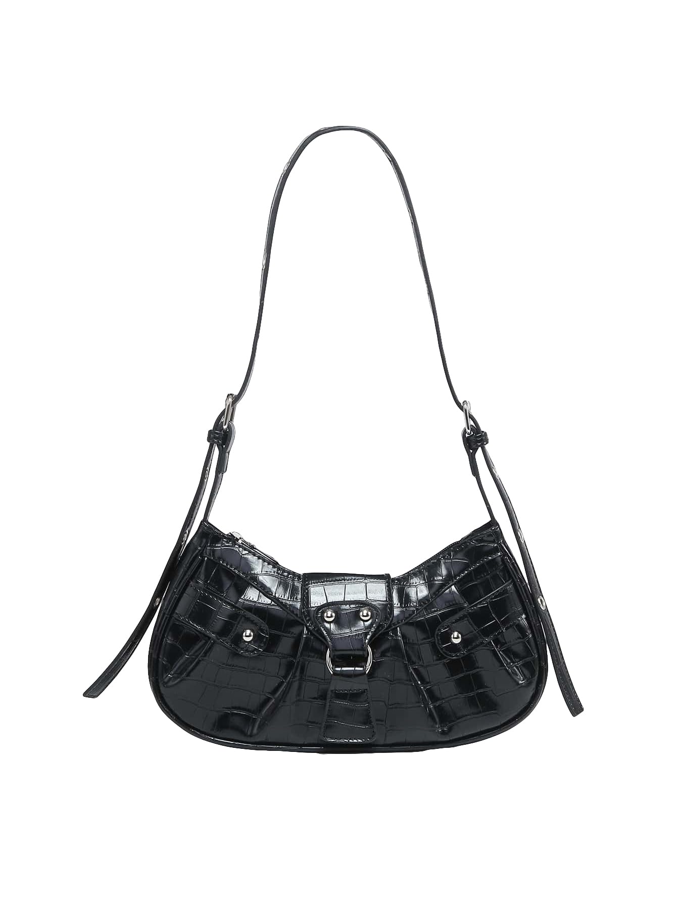 Verdusa Women's Pleated Hobo Shoulder Bag PU Leather Clutch Handbag Black Crocodile One-Size