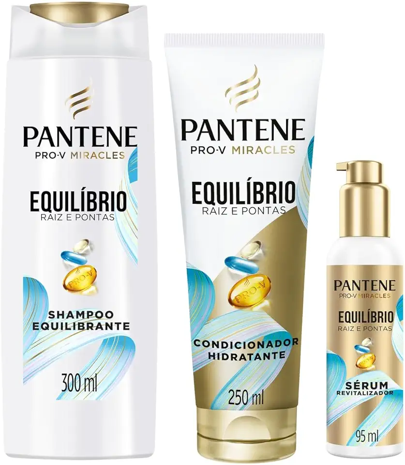 Kit Pantene PRO-V Miracles Equilíbrio Raiz e Pontas com Shampoo para cabelos mistos 300 ml, Condicionador Hidratante para pontas ressecadas 250 ml, e o Sérum revitalizador 95 ml