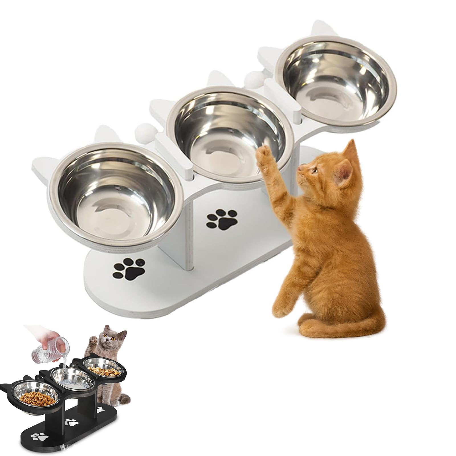 Anti-Slip Elevated 3-Bowl Pet Feeder,Non-Slip Elevated Pet Feeder with 3 Bowls,Adjustable Heights Cat Food Stainless Steel Elevated Bowls (White)