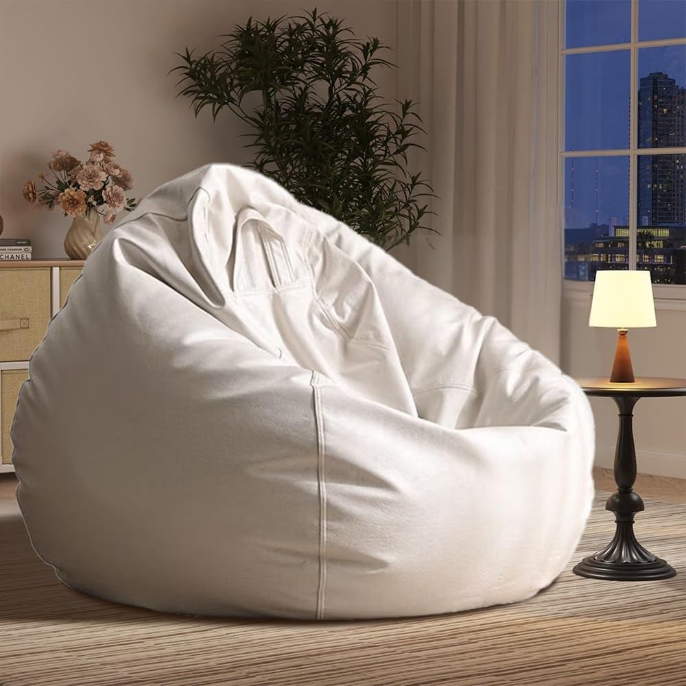 Bean Bag Chair Bean Bag Cover Without Filler Luxury Single Lazy Sofa Cover Faux Leather Bean Bag Sac Pouf Chair Envelope Beanbag Corner Seat Sectional Couch(White)