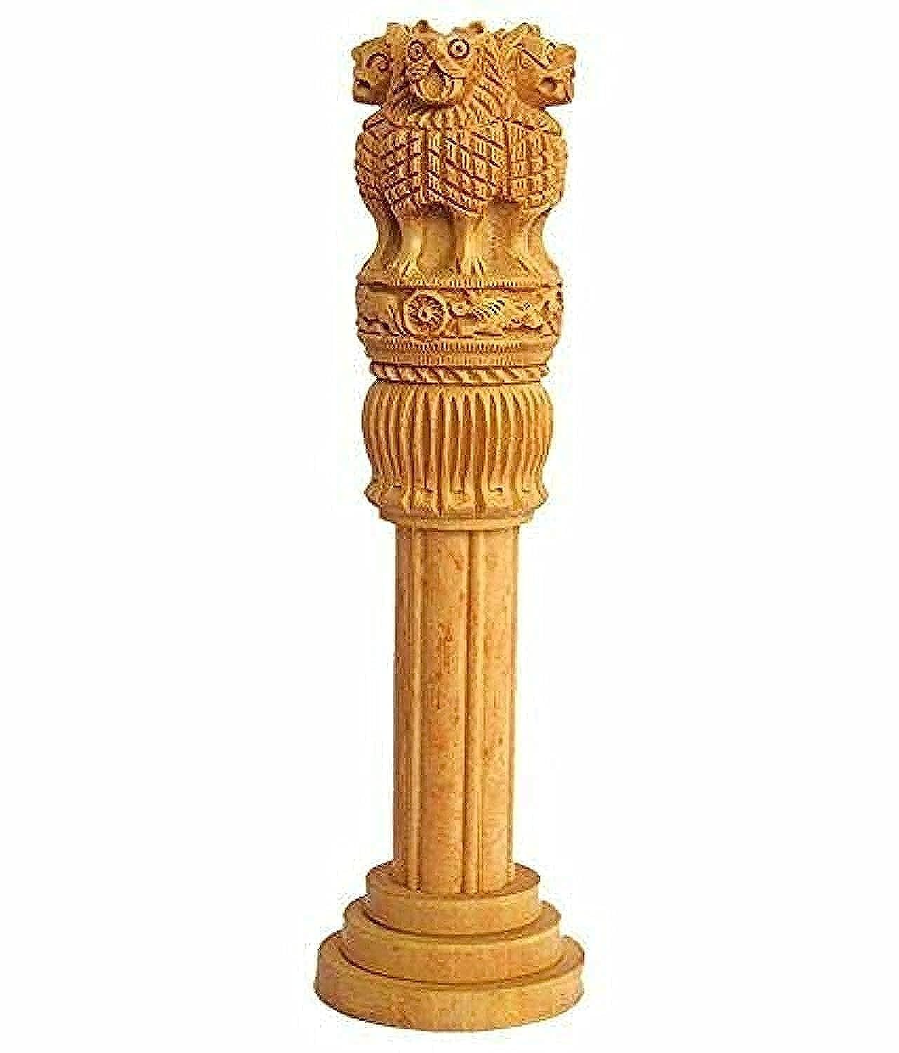 ESPLANADE Wooden Ashok Sthambh, Ashoka Stambh Stoop Pillar Statue Showpiece -Government Employees Office Table Decoration (8 inch)