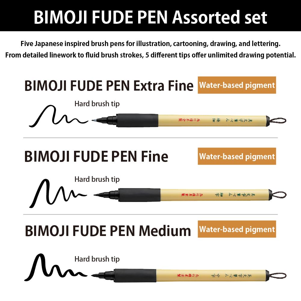 Kuretake Bimoji Brush Pen, Extra Fine, Fine, Midium, Broad, Midium/Bristles, Value Set of 5, XT/5VAZJ