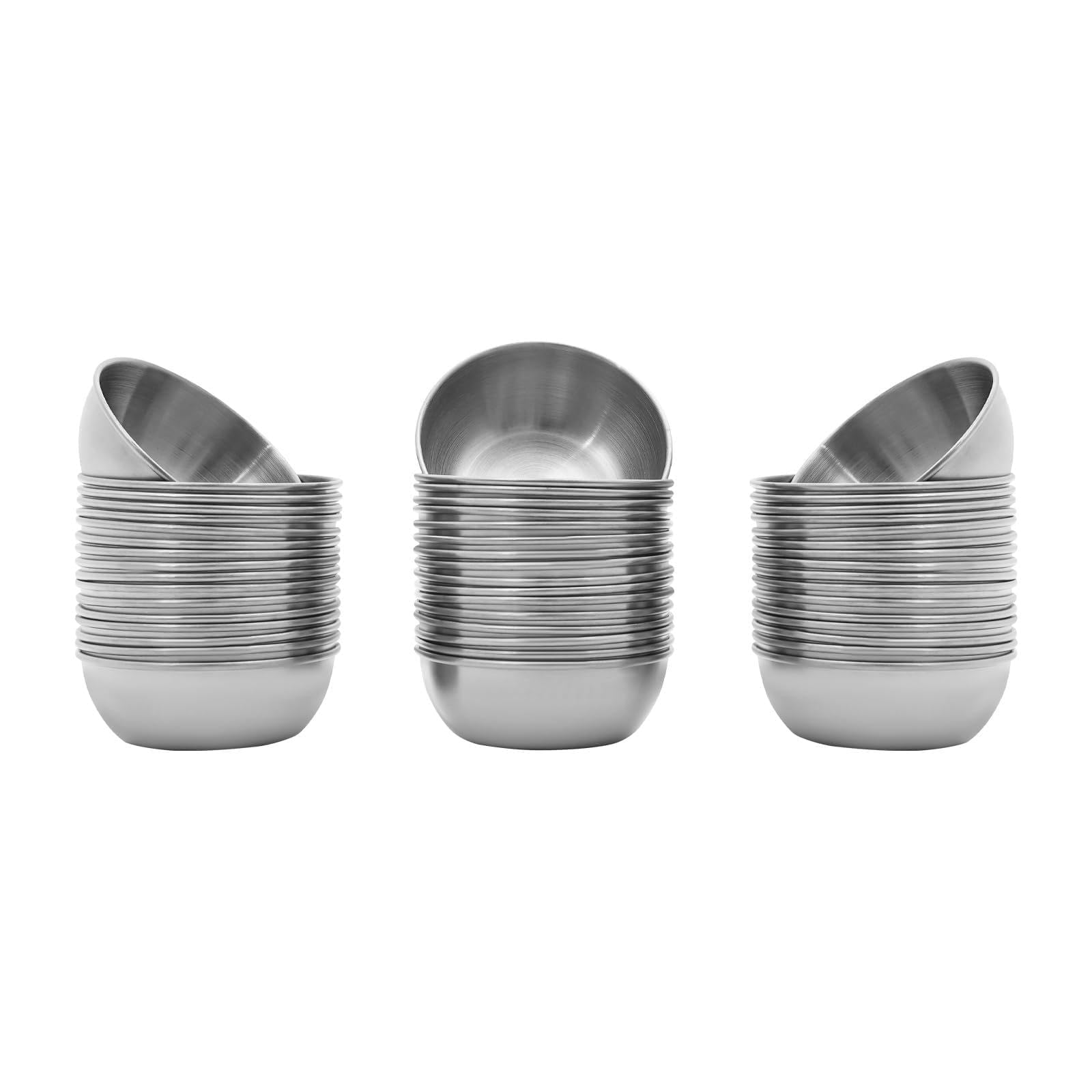 50 unidades de salsas plateadas, mini cuencos para especias, mini cuencos para salsa, cuencos para salsa de soja para hogares, restaurantes, tiendas de comestibles, 5,5 x 2,6 cm