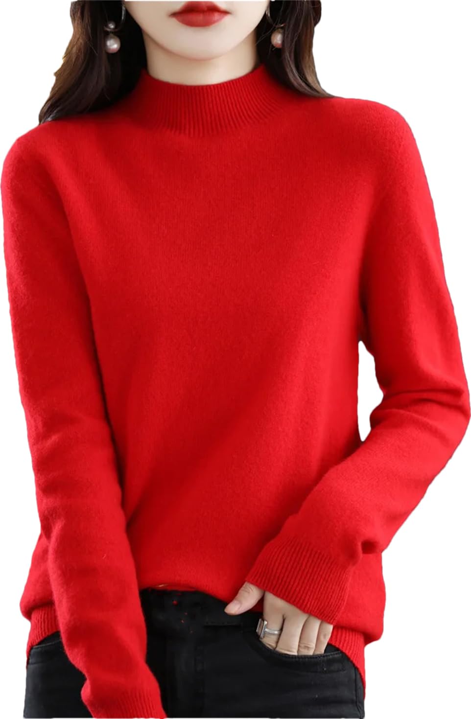 Suéter 100% De Lana para Mujer, Jersey De Cuello Medio Alto De Cachemira, Tops De Color Liso Salvaje