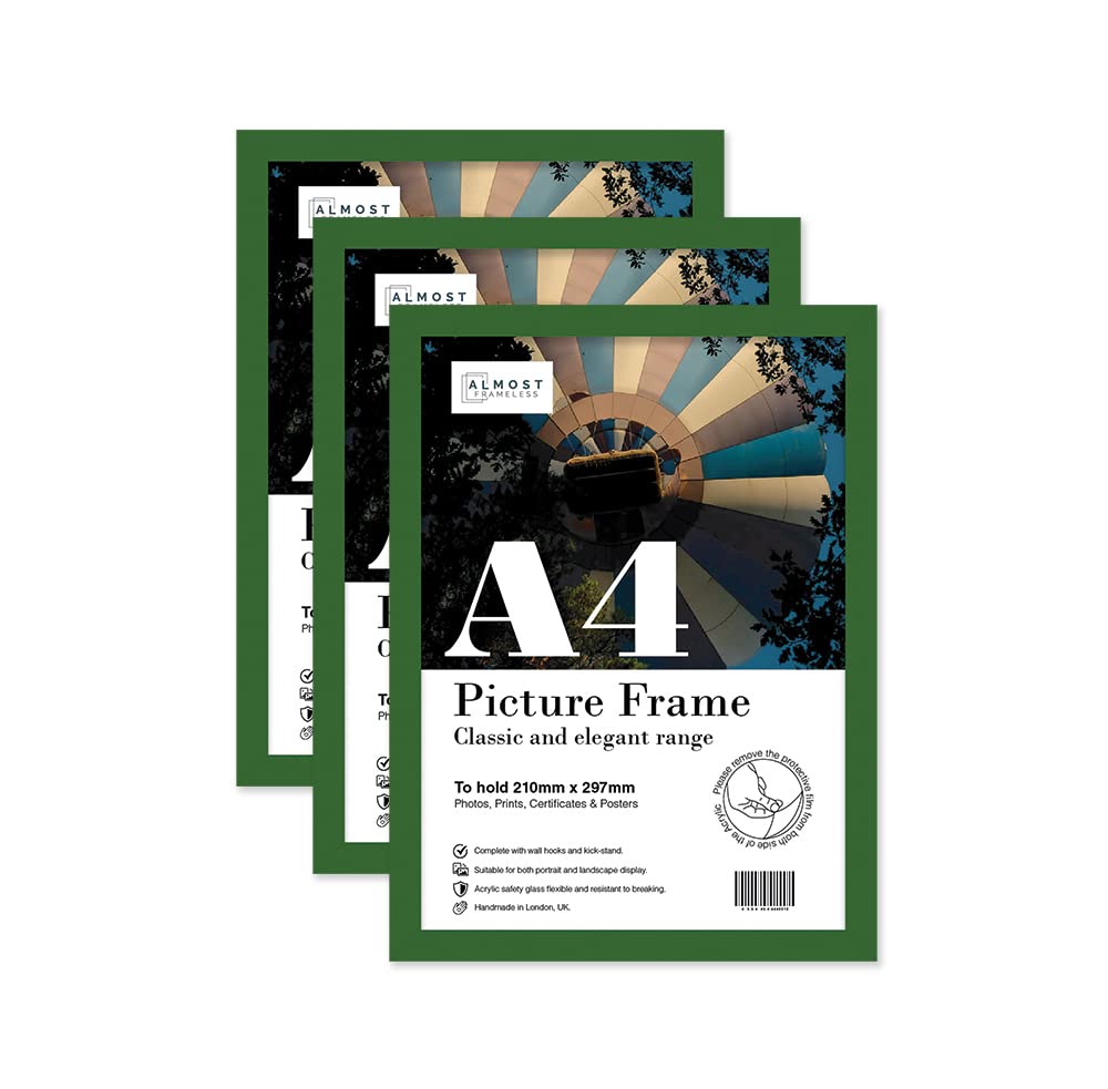 Almost Frameless A4 Green Picture Frame Set of 3, Display A4 Picture Gallery Wall, Poster, Photo, Artwork, or Print, Green