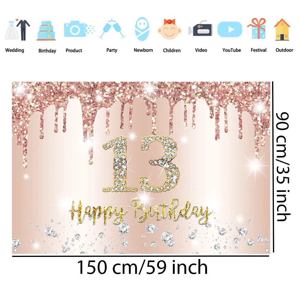 13. Geburtstag Deko-Set Für Mädchen – Roségoldenes Banner 120x80 Cm Mit Happy 13 – Stoff-Plakat Für Wand, Tisch Oder Fenster – Inkl. Ösen Zum Aufhängen