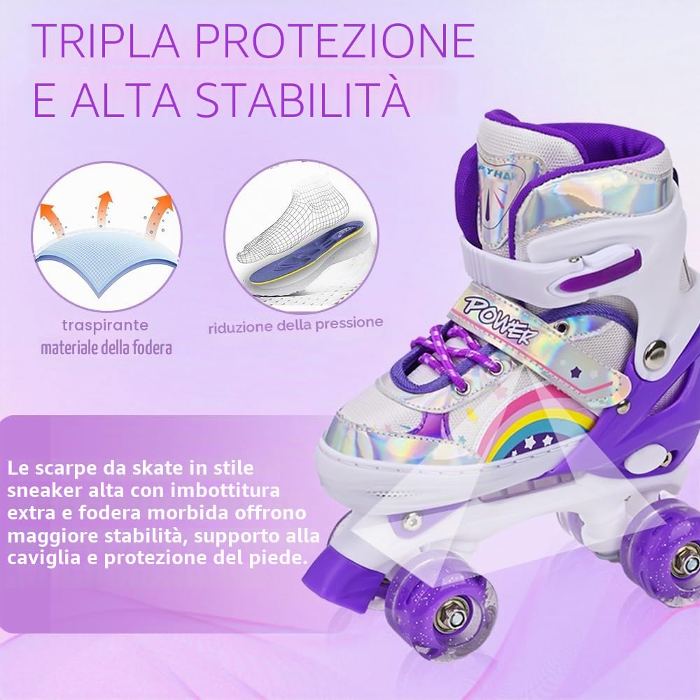 Pattini a rotelle per bambini ragazze ragazzi principianti, 4 misure regolabili per bambina e bambino con ruote luminose, pattini a rotelle Viola Arcobaleno per lo sport