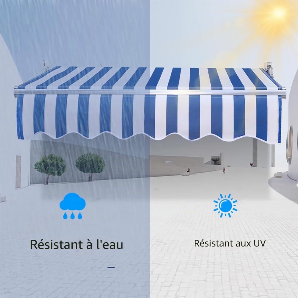 Générique Tissu de Rechange pour Store banne rétractable Manuel, Toile d'ombrage en Polyester rayé Bleu et Blanc avec Volant, pour Jardin et terrasse, Tissu Uniquement(280x200cm)