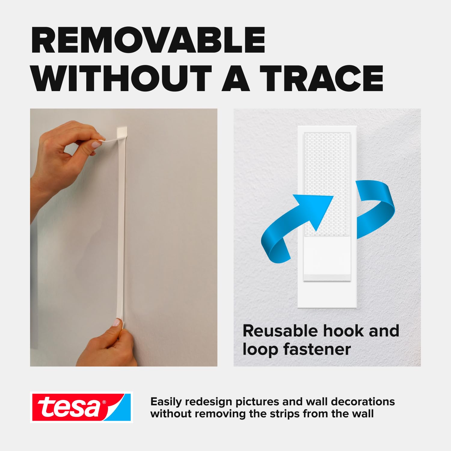 tesa Powerstrips Click, samoprzylepne paski na rzepy z systemem On & Off Click do mocowania ramek na zdjęcia i dekoracji ściennych bez wiercenia, małe, 4 x 2 sztuki