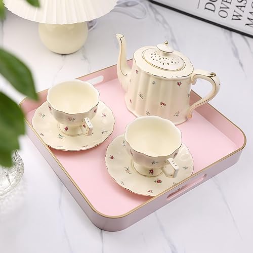 Miniatura 2 de Omuriko Bandeja decorativa cuadrada rosa con asas, bandeja versátil de 13 x 13 pulgadas para mesa de café, otomana, ideal para servir, exhibir y