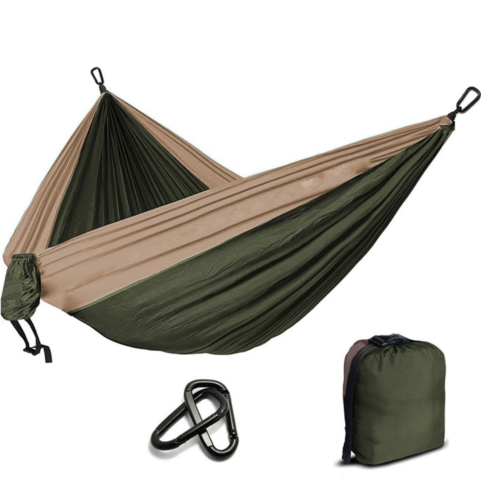 Amaca leggera da campeggio doppia, in tessuto paracadute, portatile, per esterni, per rilassarsi in giardino e dormire in viaggio (verde e kaki)