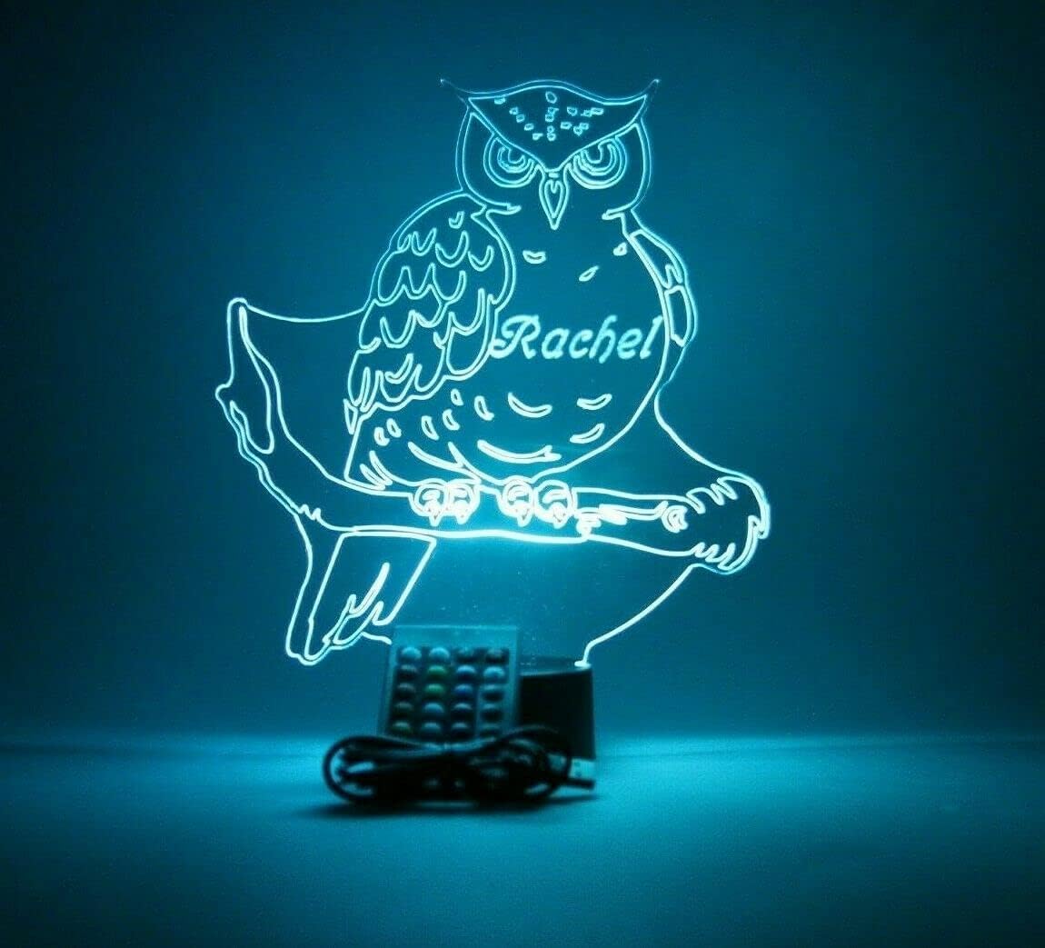 MIRROR MANIA Large Owl on Branch Light Up Night Owl Table Desk Lamp LED Personalized Free Engraved Custom Name Personalized 16 Color Changing Options - It's Wow, Great Gift, Made in America